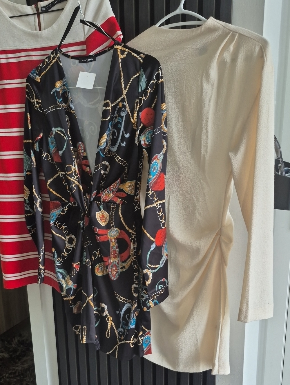 H&M Black Long-Sleeve Wrap Dress with Red and Blue Chain Print
